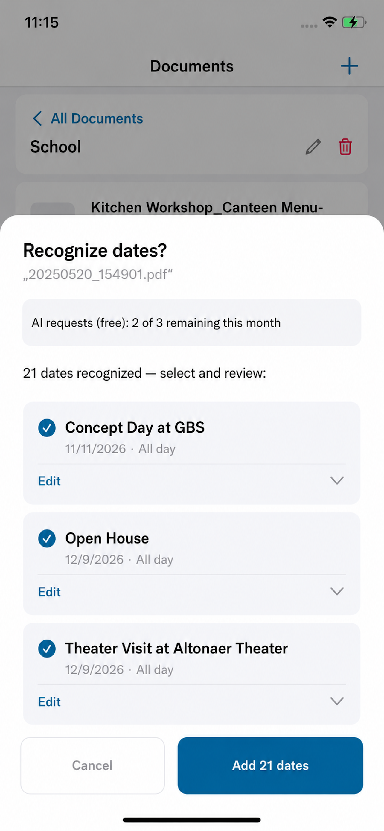 AI event detection from a document